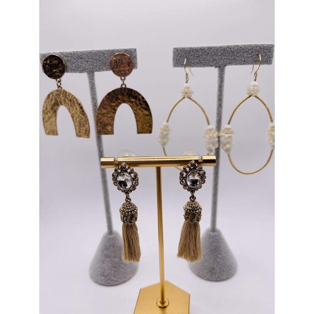 Lot Of Earrings Gold tone Egyptian Revival Fringe Seed Pearl Hoop Victorian Feme